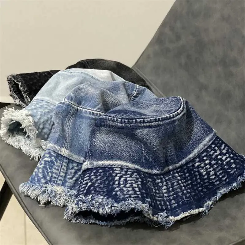 Large bord chapeaux seau unisexe gland lavé denim seau chapeau vintage coton pliant Panama Bob Gorros plage en plein air pêche soleil H240330