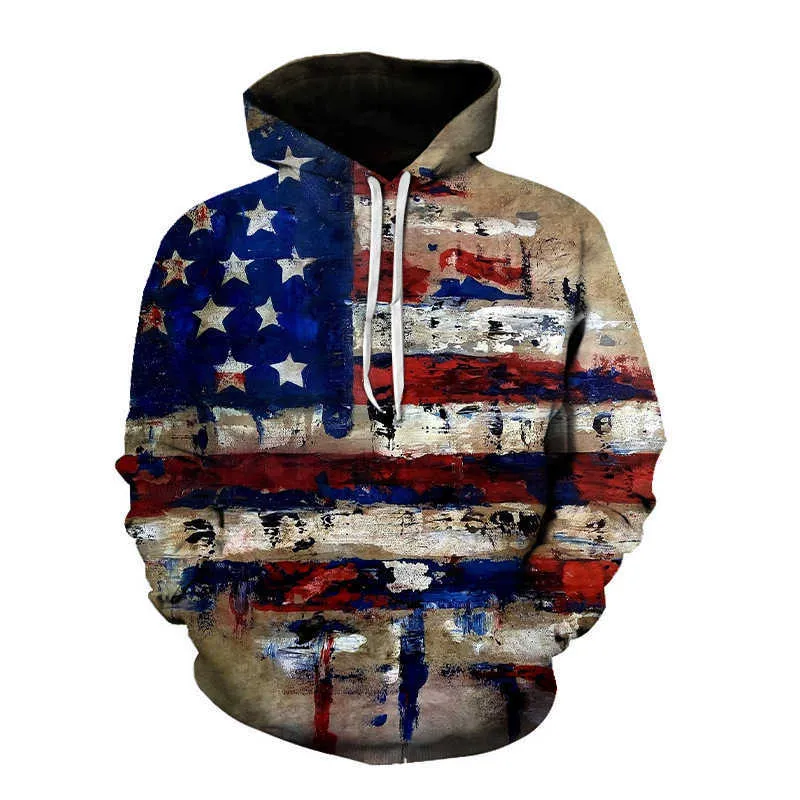 Höst och vinter 2023 New Mens Casual Hoodie 3D American Flag Printed Youth Coat