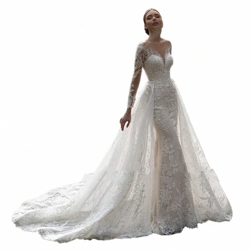 roddrsya Romantic V-Neck Appliques Mermaid Wedding Dr Elegant Lg Sleeve Tulle Bridal Gowns New Detachable Train Bride Gown Z2zQ#