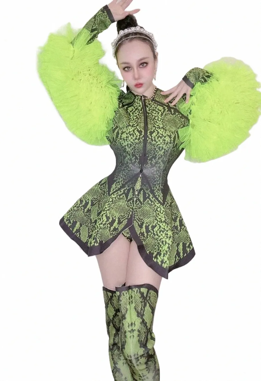 Women s Mesh Puff Sleeve Snake Print Dance Costume Sexy Jazz Drag Queen Stage Wear 2023