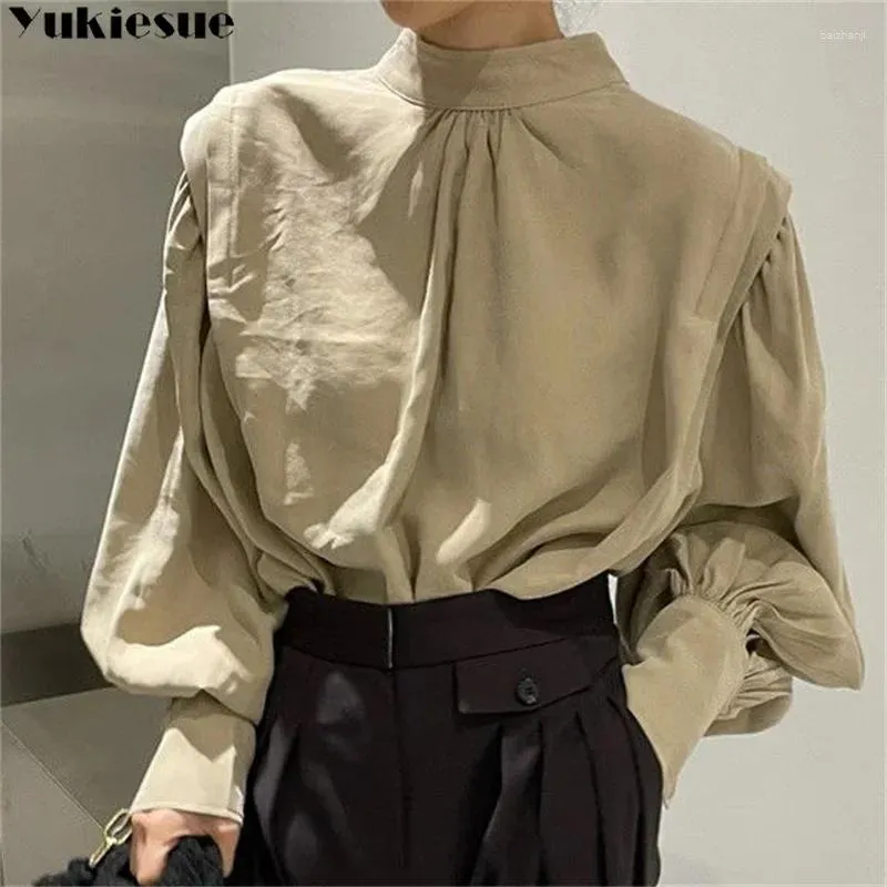 Bluzki damskie 2024 Autumn Vintage Style Elegancki bluzka okrągła kołnierz Lantern Sleeve Kobieta Koreańska koszula
