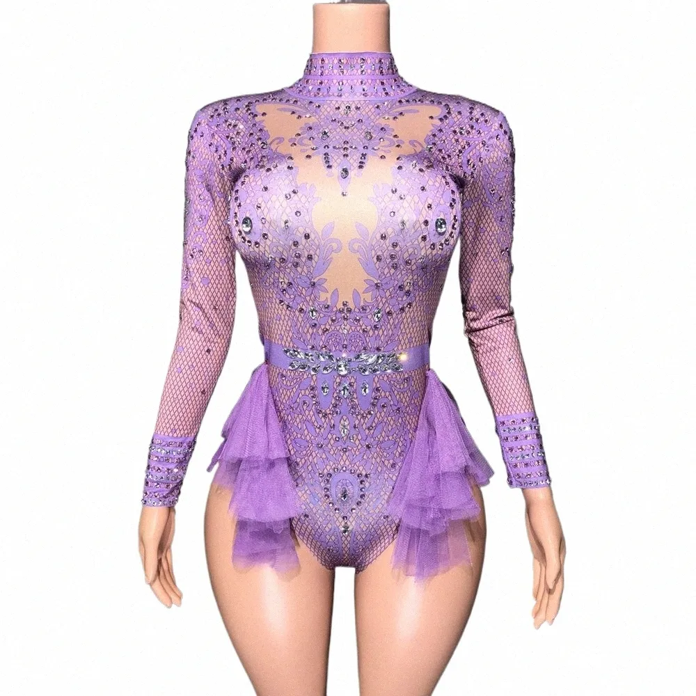 Sparkly Rhinestes Leotard for Women Party Birthday Dr Sexy Mesh Ruffles Performance Dance Costume Nightclub Stage Wear 61PD#