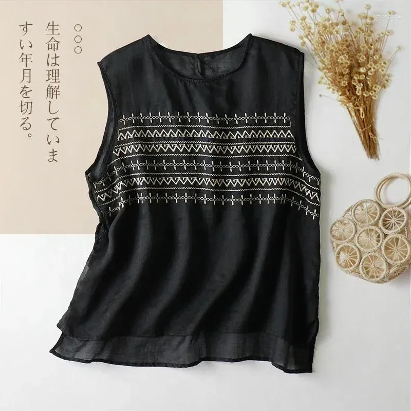 Dames Tanks Borduren Gestreept Ronde Hals Linnen Casual Vest Shirt 2024 Zomer Mouwloze Tank Tops Lichtgewicht Koreaanse Mode Blouse E47