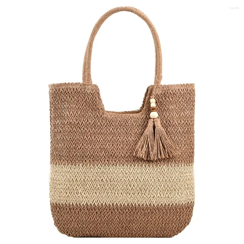 Borse a tracolla Borsa in paglia intrecciata Colore a contrasto con nappe Tessitura estiva sotto le ascelle Grande capacità Moda Casual Semplice per le vacanze al mare