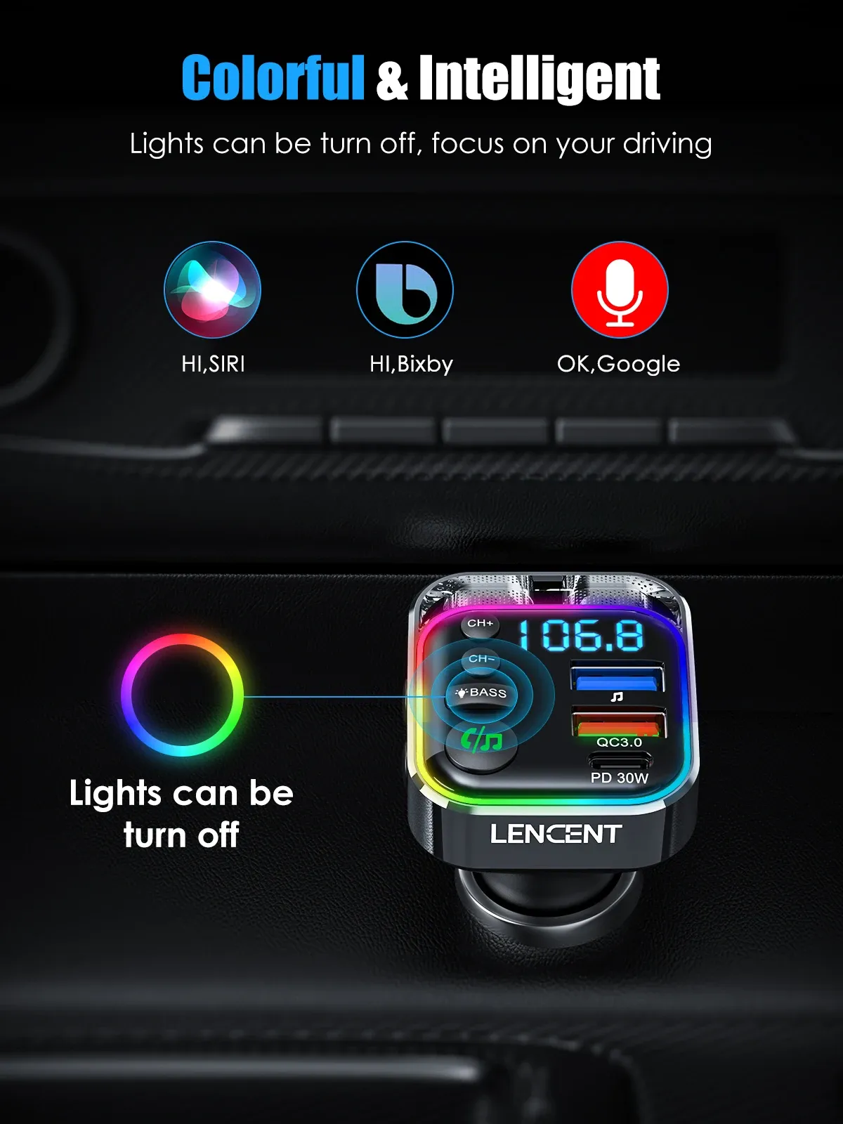 Trasmettitore FM Bluetooth Auto Con Doppia Ricarica 30W PD E 18W QC3.0 – Vivavoce E Luci LED