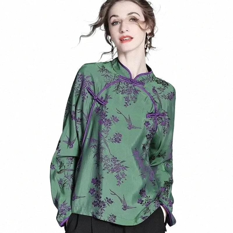 2023 Chiński styl Traial Hanfu Bluzka Autumn Spring Jacquard Traditial Qipao Lady LG Sleeve Chegsam Hanfu Bluzja Z16f#