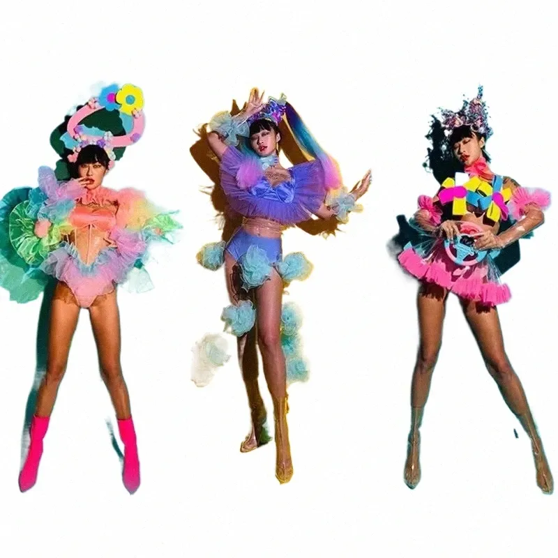 headwear Party Rave Outfit Jazz Dance Clothes Rainbow Gauze Women Nightclub Bar Jazz Gogo Dancing Performance Costume n7Vm#