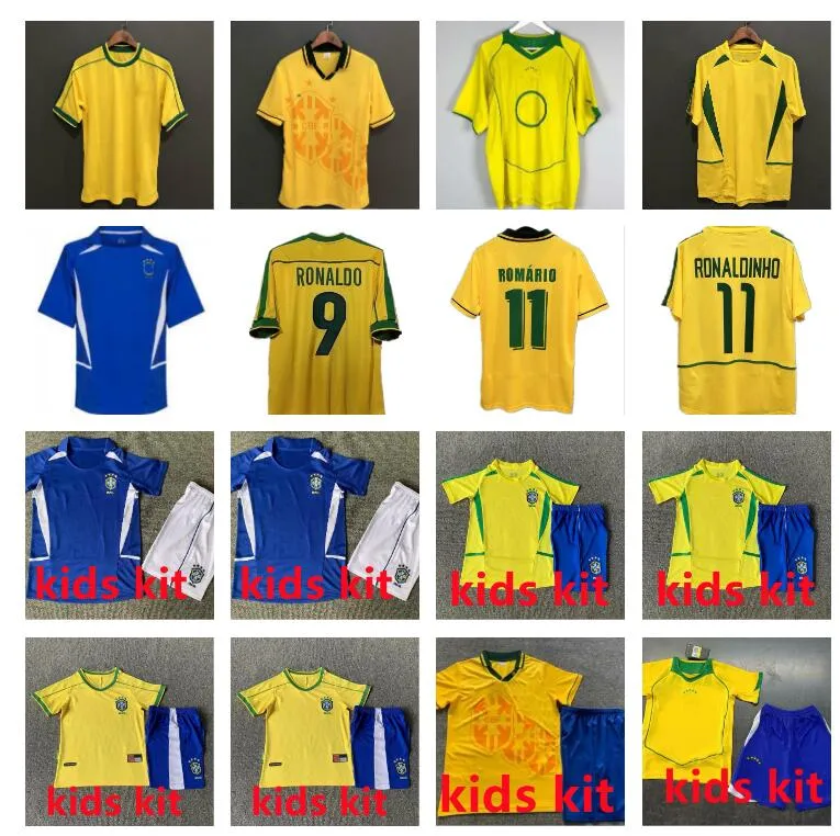 Man Kids Kit 1994 1998 2002 2004 Brasil Soccer Jerseys Retro koszulki Carlos Romario Ronaldo Ronaldinho Camisa de Futebol Brazils Rivaldo Adriano