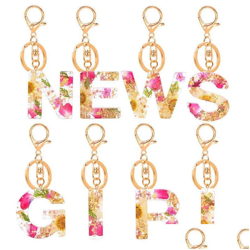 Keychains & Lanyards Letter Pendant Resin Key Chains Rings Women Cute Car Acrylic Glitter Dried Flower Alphabet Keyring Holder Charm Dhl9Q