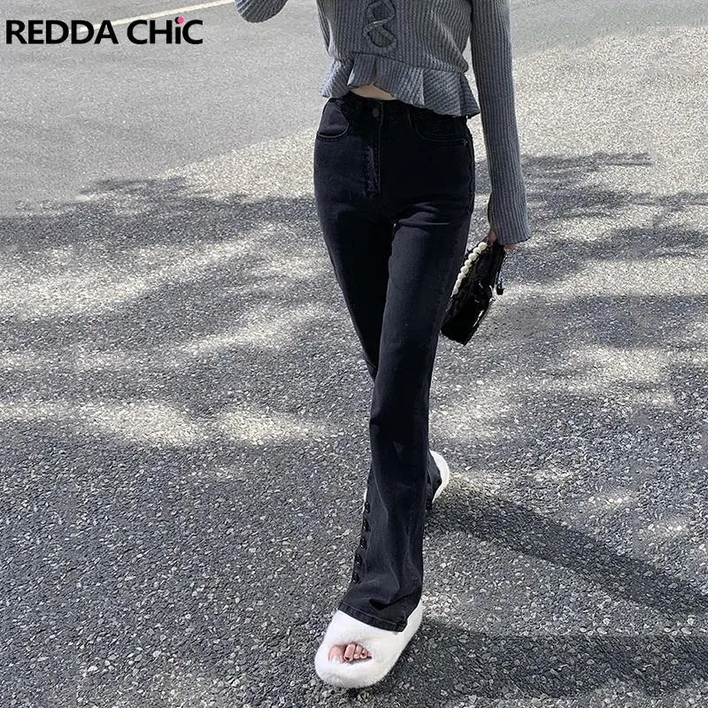 Jeans da donna REDDACHiC tinta unita nero svasato con spacco laterale Pantaloni termici invernali caldi da donna Collant in pile Pantaloni elasticizzati da donna Harajuku