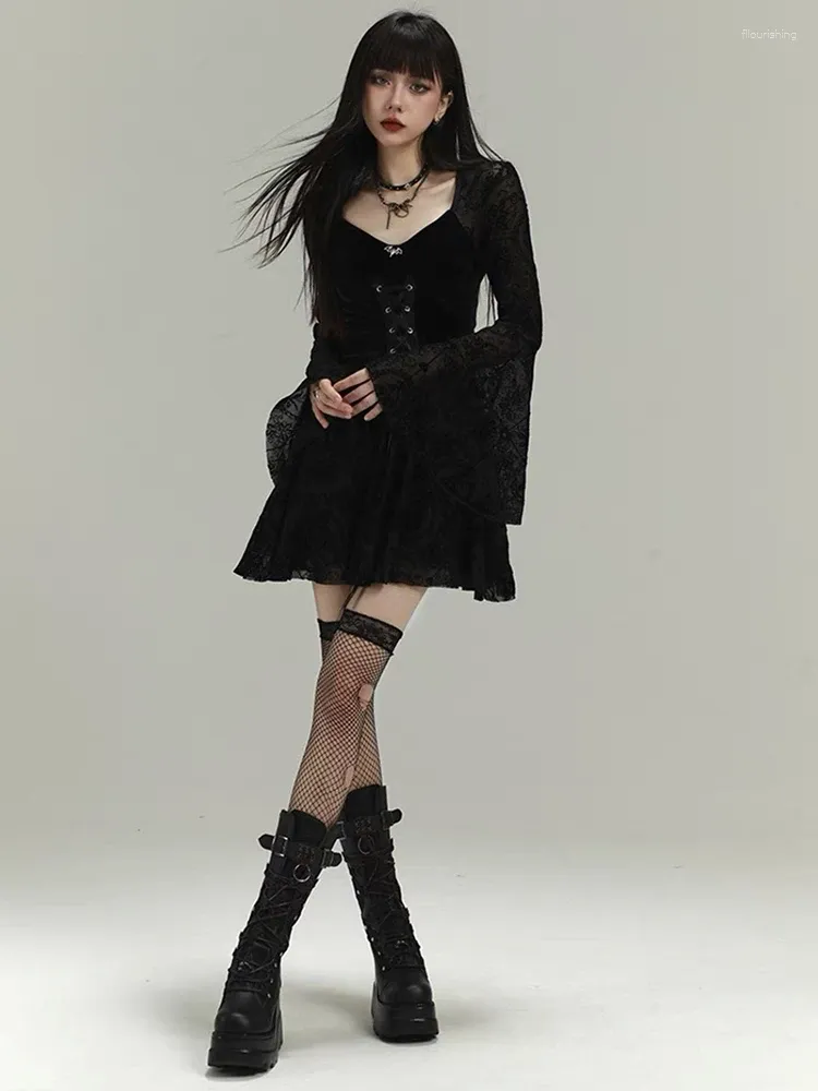 Vintage Gothic High Waist Flare Dress For Women Long Sleeve Casual Wear With Flocked Bandage Detailing Perfect For Parties And Alt Outfits In 2024 From Fllourishing 27.65 DHgate.Com