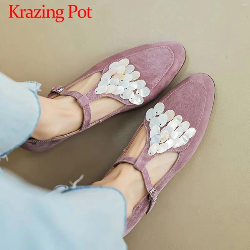 Casual Shoes Krazing Pot Sheep Suede Pendant Decoration Chunky Low Heels Spring Fashion Round Toe Office Lady Luxury Buckle Strap Women