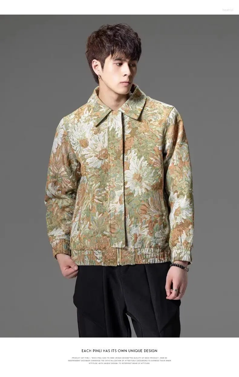 Herrjackor 2024 Pinli Autumn Ankomst Jacquard Flip Collar Jacket Daisy Oil Målning Retro Casual Fashion Coat B233104037