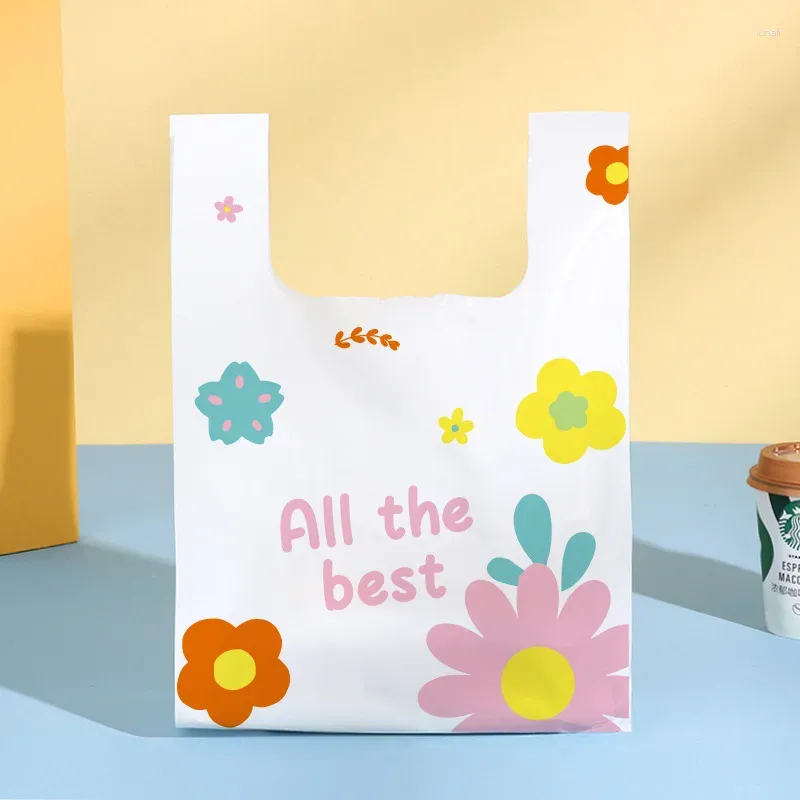Storage Bags 50 Pcs Food Grade Plastic Transparent White Takeout Bag Supermarket Convenience Store Shopping Tote Printed Color