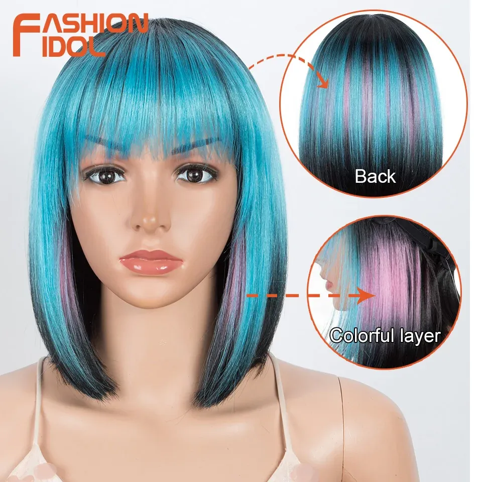 Perruques FASHION IDOL 10 pouces courte droite Bob perruque synthétique frange pour femmes bleu blond perruque fête usage quotidien longueur d'épaule faux cheveux