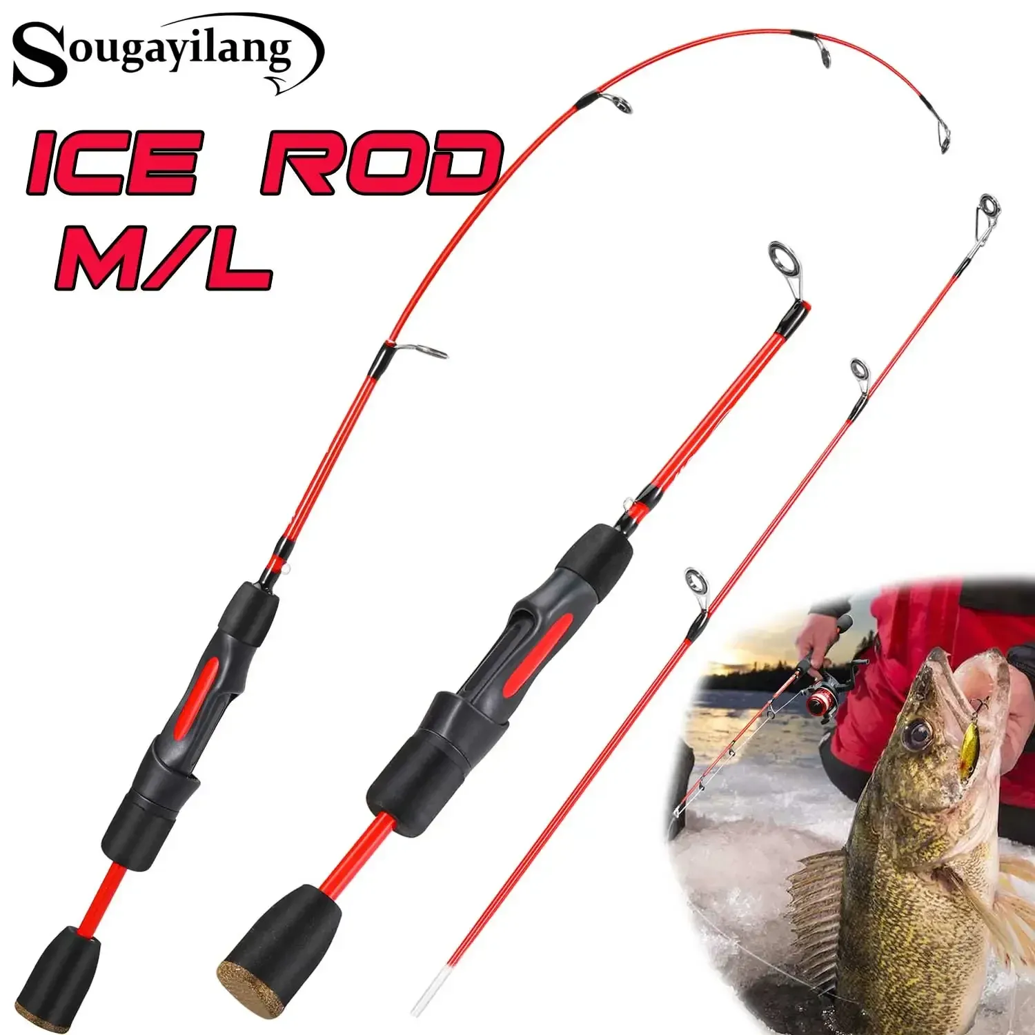 Rods Sougayilang Ice Fishing Rod 2 Sections High Carbon Fiber Ice Rods with M/L Power Two Rod Tips Max Drag 8Kg Fishing on The Ice