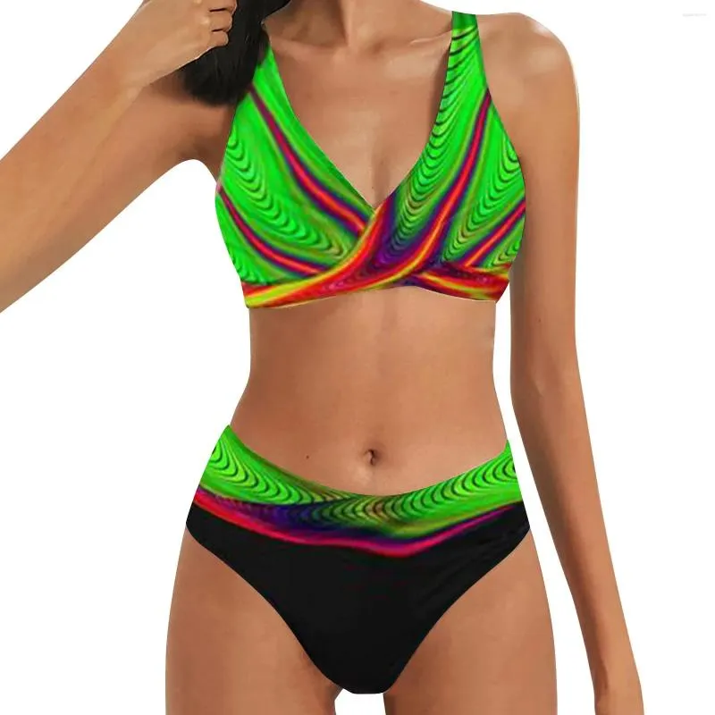 Traje de baño para mujer Traje de baño para mujer Sexy Cintura alta Impreso Cuello en V Color Block Beach Bikini Conjunto de dos piezas Bkini Trajes de baño Tankini