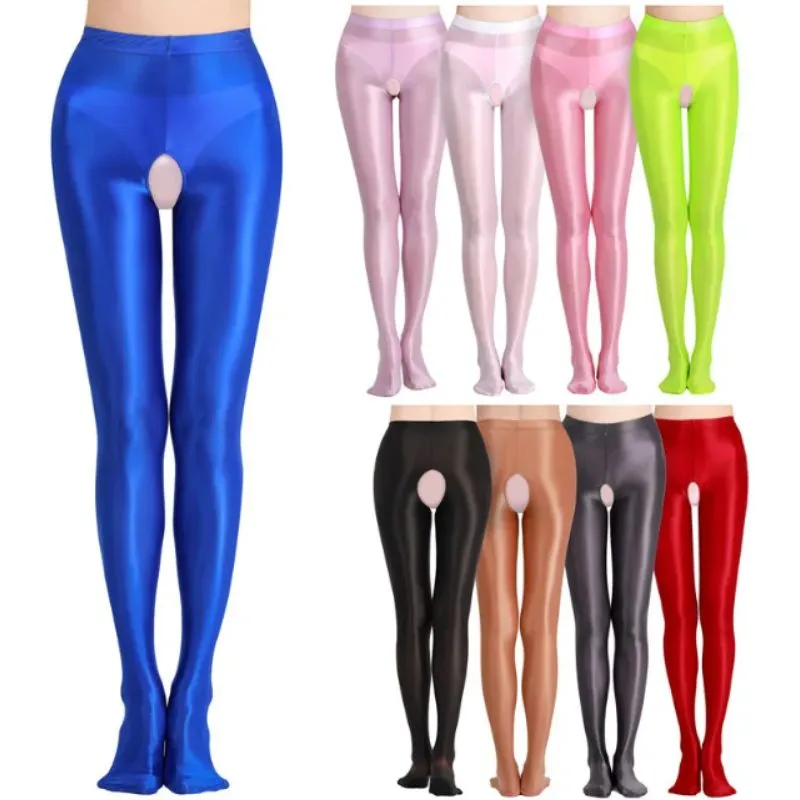 Damen-Hose mit Fuß für Säuglinge, glänzendes Satin, offener Schritt, enge Leggings, hohe Taille, Übergröße, glänzende Yoga-Sport-Jogginghose