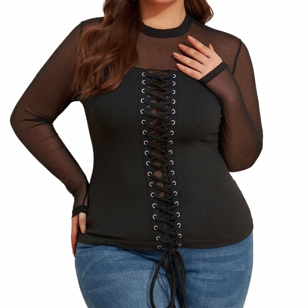 Vrouwen Ronde Hals Herfst Trui Effen Lg Mouw Sheer Mesh Blouse Tops Plus Size Kleding 2023 55Vs #