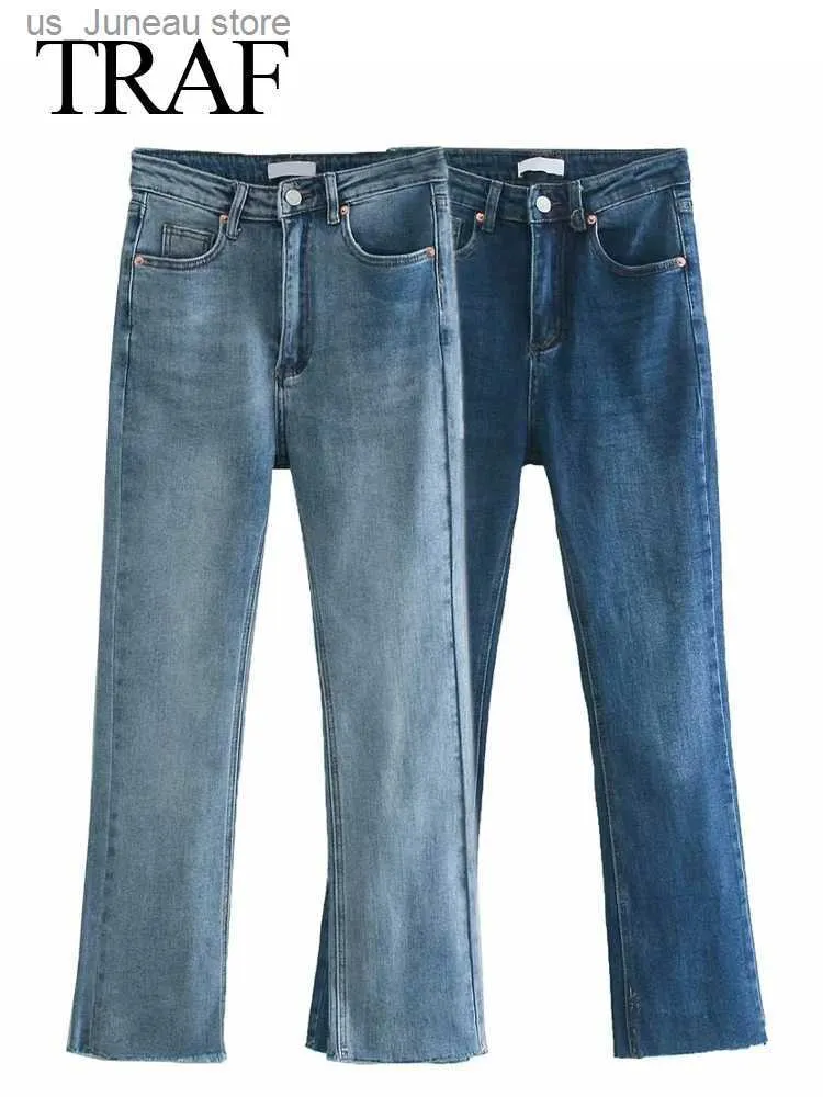 Kvinnors jeans traf mode kvinnor elegant casual ficka hög strt blå hög midja elegant lång byxa kvinnlig blixtlås knapp dekorera smal jean t240330