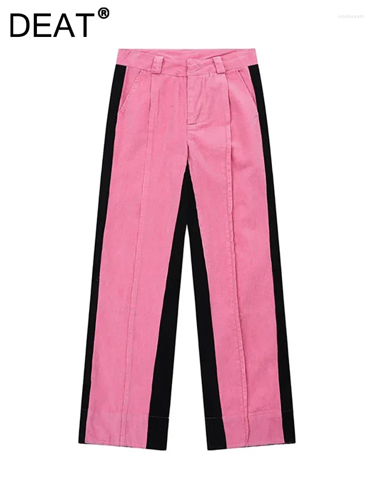 Damen Jeans Hohe Taille Kontrastfarbe Patchwork Bündchen Rosa Gerade Jeanshose mit weitem Bein 2024 Wintermode 29L6139
