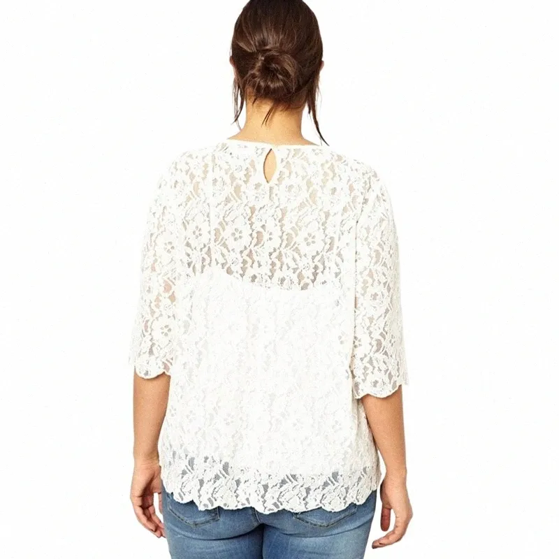 plus Size Elegant Fi Lace Blouse Women Solid White Quarters Sleeve Butt Back Spring Office Casual Top T-shirt 6XL 7XL 8XL v3pf#