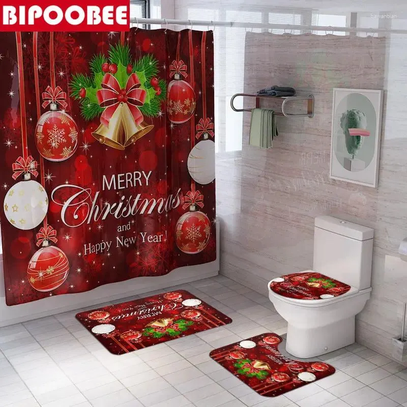 Rideaux de douche Joyeux Noël Rideau Flocon de neige Cloche rouge Décoration de salle de bain Tissu imperméable Tapis de bain Couverture de couvercle de toilette Tapis antidérapants