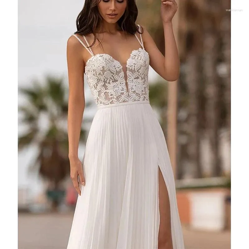 Abiti da festa Abito da sposa con cinturino per spaghetti Abito da sposa vintage con cerniera senza schienale con cerniera 2024 Abito da sposa semplice in chiffon con spacco laterale alto Vestido De