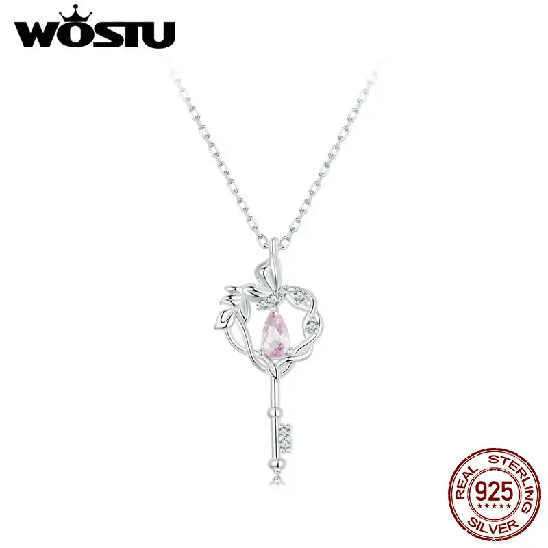 Colliers Wostu 925 STERLING Silver Butterfly Heart Key Pendant Collier pour femmes Pink Vintage Keys Colliers Girl Party Birthday