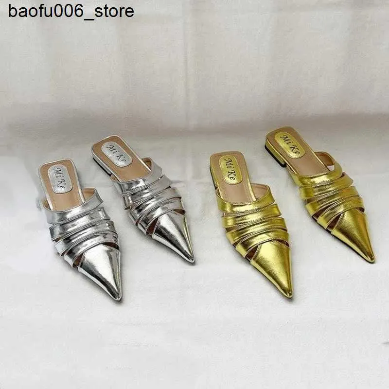 Sandals Womens shoes mule sliders spring and summer sandals womens gold and silver elegant low high heels sexy designer sliders direct shipping Q240330