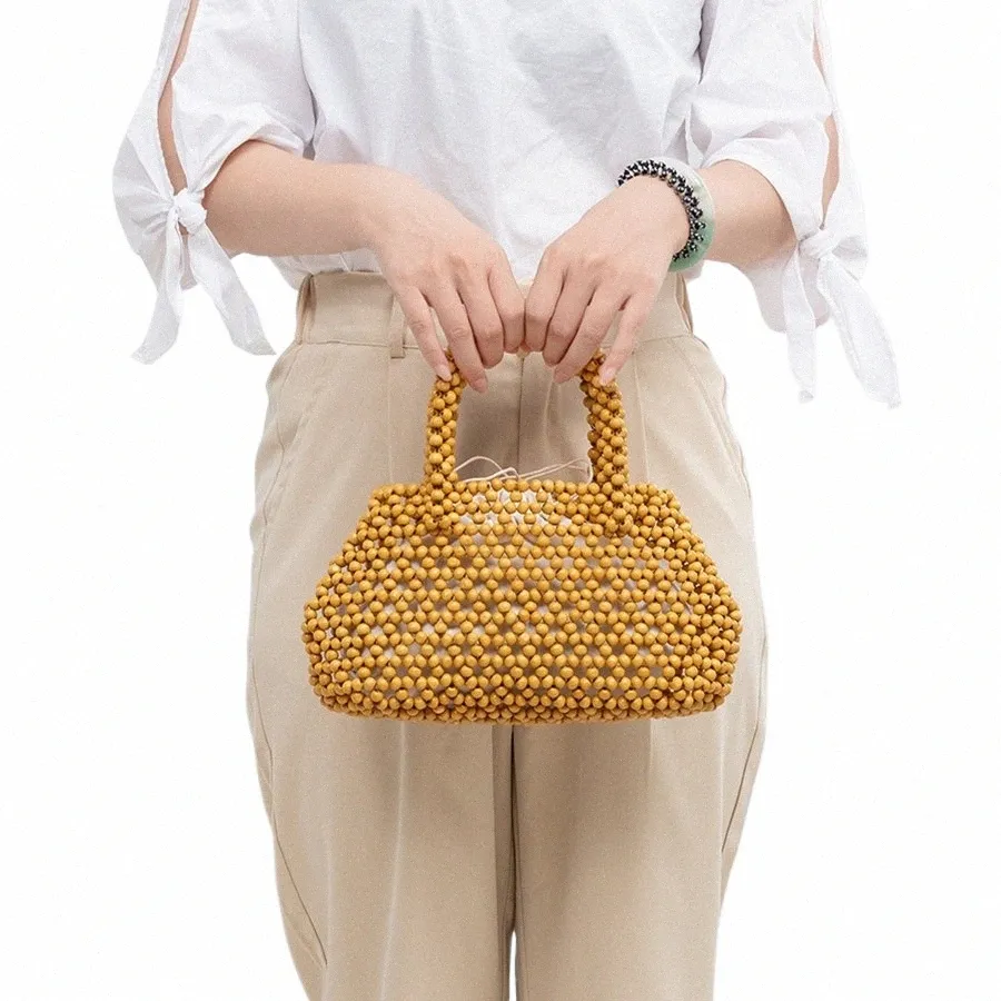 صيف يدوي شاطئ صغير مربع حقيبة منسوجة خشب التصميم للخرز مسافر ، حقيبة يدوية جوفاء للنساء للسيدات محافظ S92x#