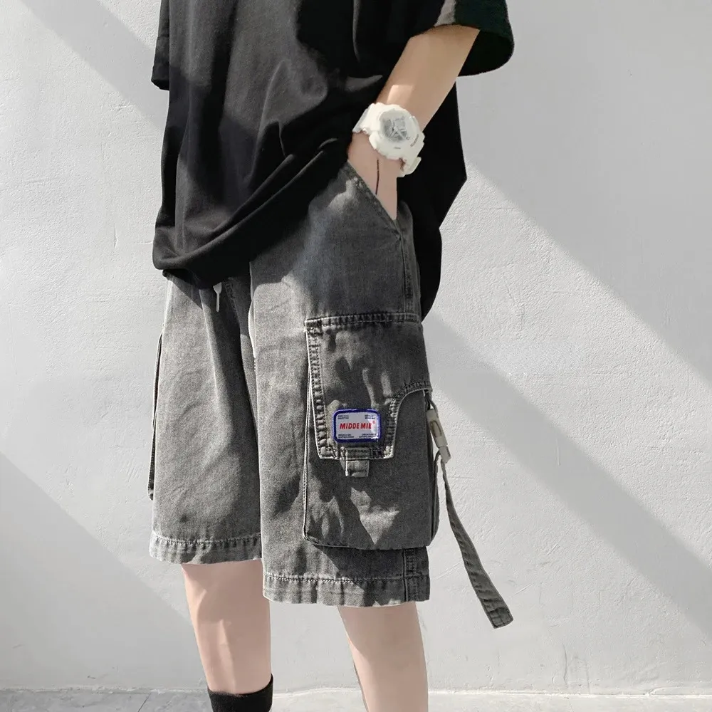 Summer Men Jeans Cargo Shorts Fashion Casual Drawstring Multi-Pockets Homens Jean Men Pants Short Streetwear Clothing 240327