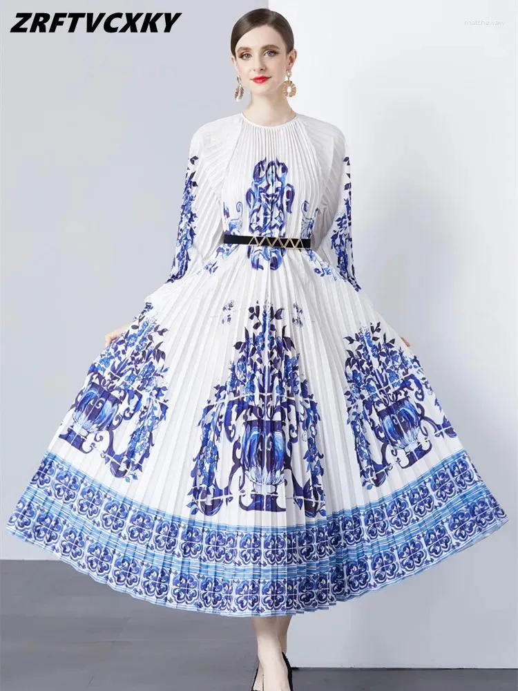 Vestidos casuais de alta qualidade azul e branco porcelana impressão mulheres designer miyake drapeado plissado cinto solto oversized midi vestido