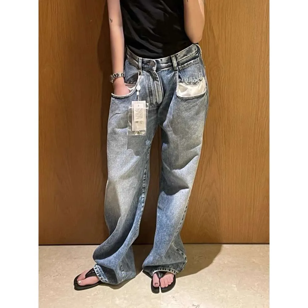 Hyuna의 동일한 틈새 디자인, Majira MM6 화이트 포켓 데님 바지, 여성의 높은 허리 슬리밍 넓은 다리 바지