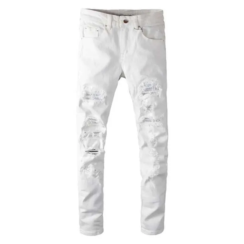 Мужские брюки Sokotoo, мужские белые рваные джинсы с кристаллами, модные облегающие эластичные джинсовые брюки со стразами J240330