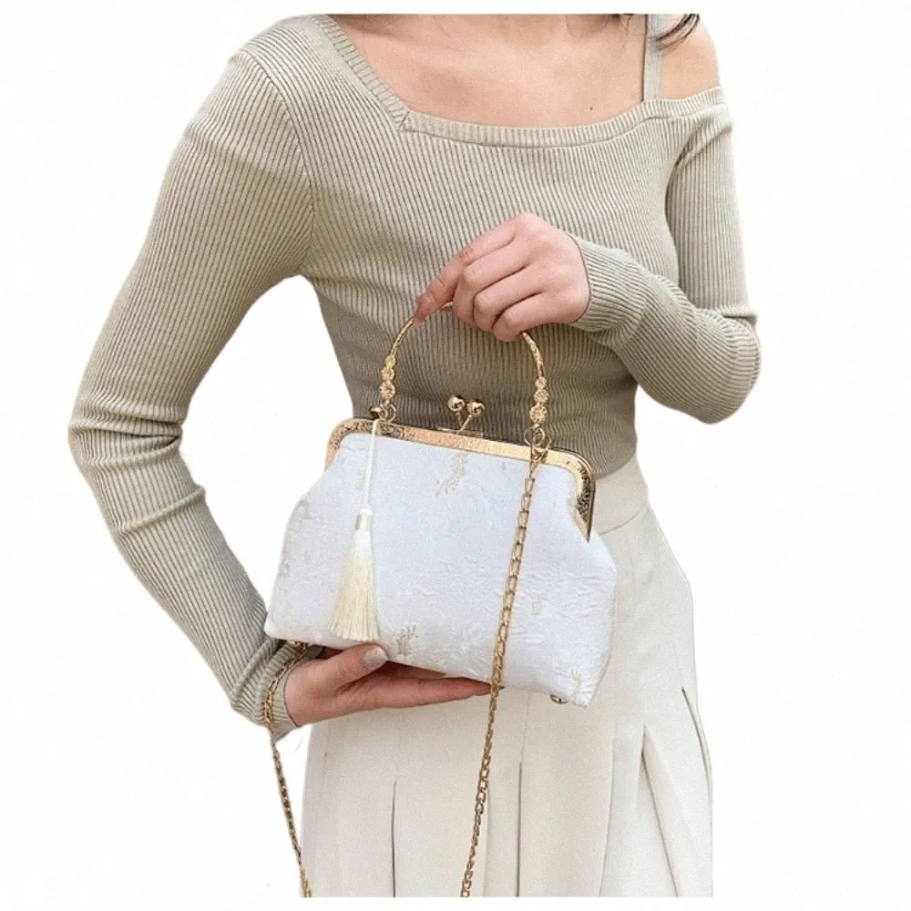 white Chinese Style Handbag Fi Chinese Style Elegant Square Bag Silk cloth Tassel Shoulder Bag P55u#