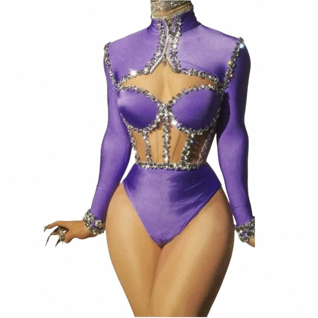 sparkly Rhineste Bodysuits For Women Lg Sleeve Body Suits Purple Red Dance Drag Queen Costume n4AF#