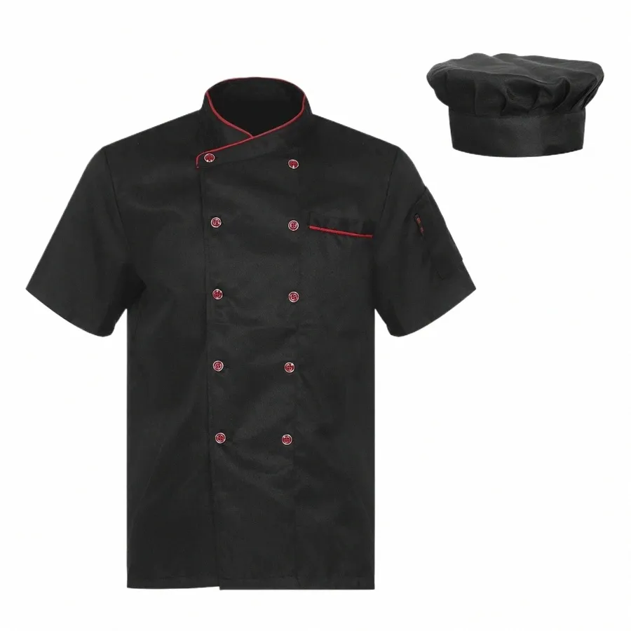 Heren Koksjas Uniform Korte Mouw Koksjas Restaurant Keuken Werkshirt met Hoed Kantine Food Service Hotel Bakeshop Top J1kS #