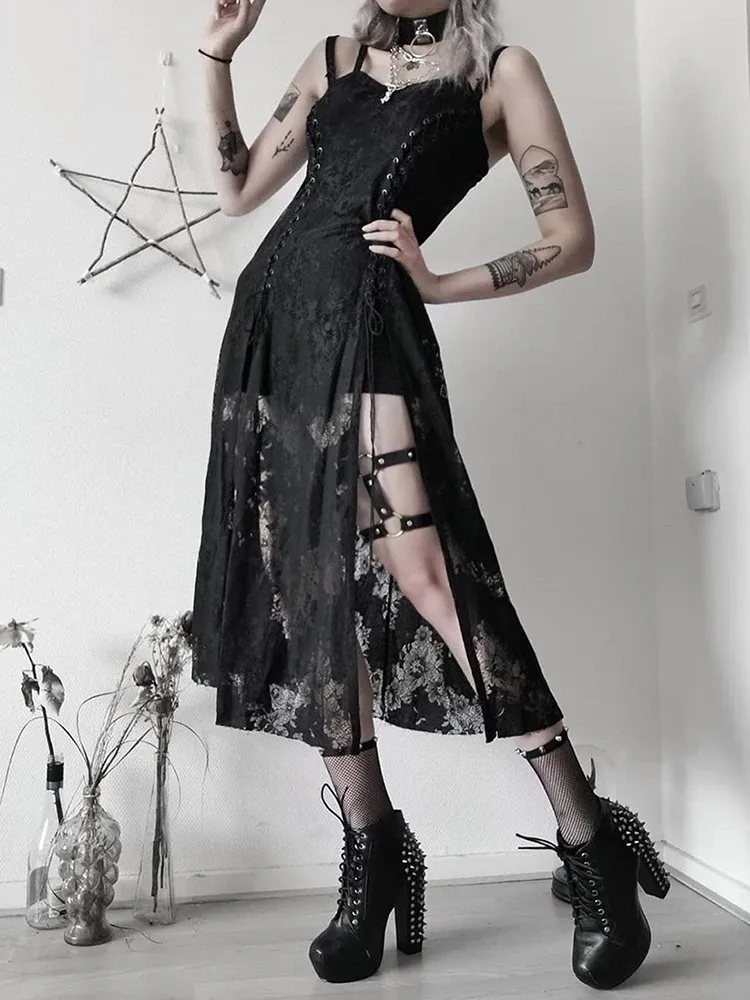chinese dress ladies 1960s Slip Gothic Lace-Up Ruffled Mesh Dress Black / S
