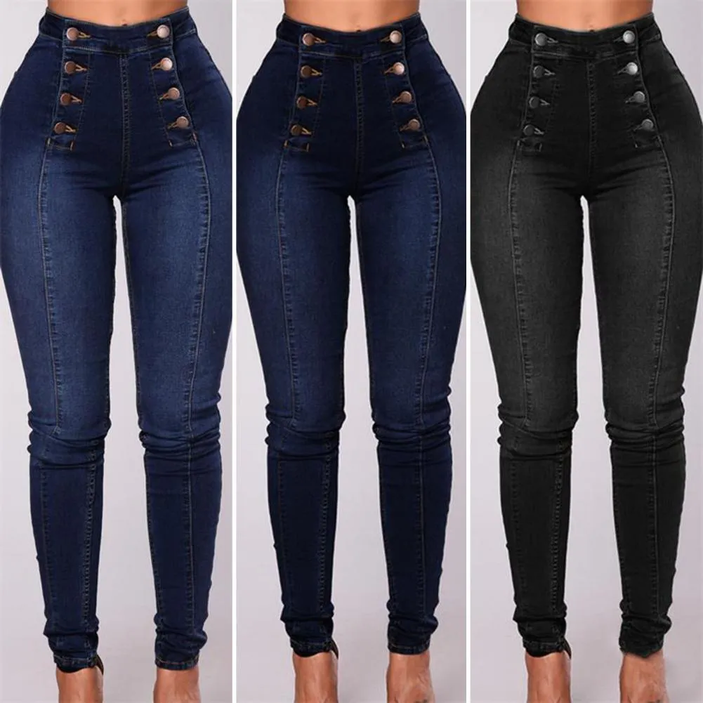 Винтажные узкие двубортные джинсы с высокой талией Женщины Слим подсадные джинсовые брюки Джинсовые брюки.