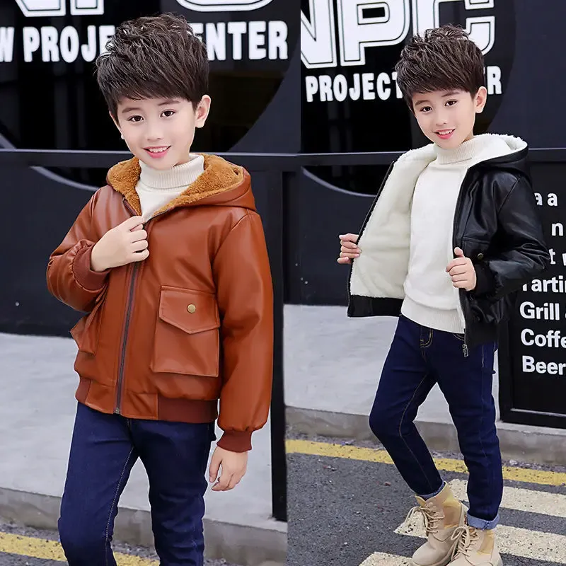 Cozy Fleece-Lined Hooded Biker Faux Leather Jacket for Boys