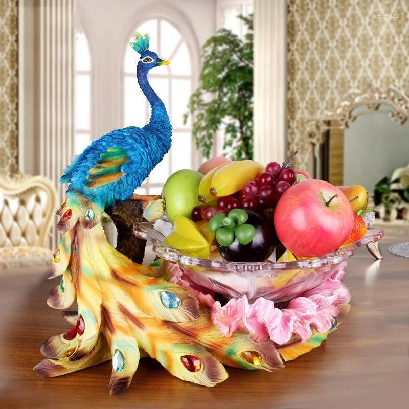 Estatuetas decorativas de luxo europeu resina pavão vidro placa frutas ornamento artesanato decoração escritório mobiliário doméstico estatueta desktop