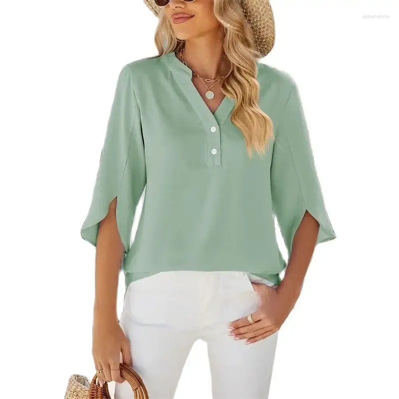 Damesblouses Elegant V-hals Button Splice Chiffon Shirt Dames Effen Kleur Halve mouw Pullover Blouse Zomer Casual Commuter Female Tops