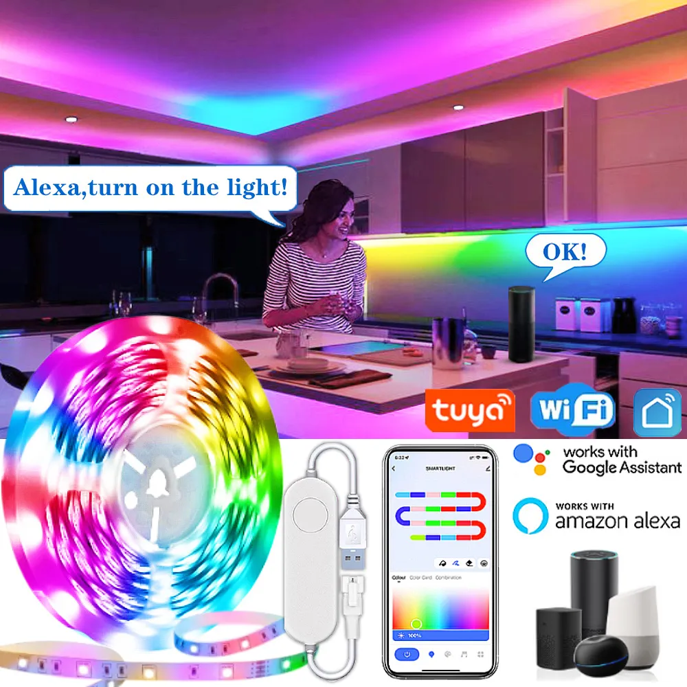 USB Tuya Smart Life WiFi RGBIC Dreamcolor LED Strip Lights 16.4 ft ...