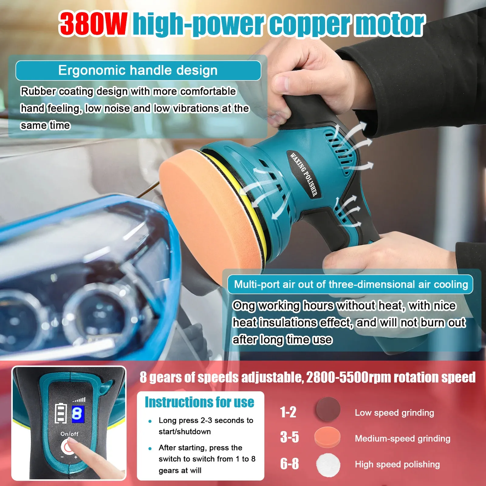 12V Cordless Eccentric Car Polisher Dwe74, 8 Gears Adjustable Speeds ...