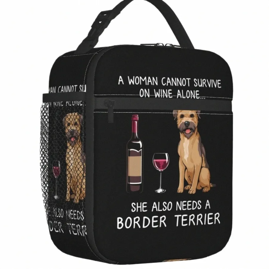 Border Terrier and Wine Funny Dog Izolowany termiczny torba na lunch Pet Puppy Lover Portable Lunch Tote for School Suppand Food Box M8HV#