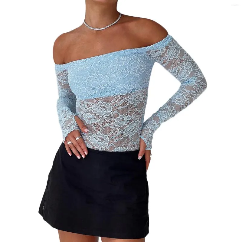 Women's Blouses Women Off Shoulder Lace Crop Tops See Through Flower Embroidery Shirt Female Long Sleeve Slim Y2k Aesthetic Tee