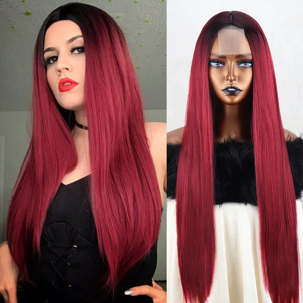 Peruki wino czerwone długie proste syntetyczne peruki do włosów dla kobiet Ombre Red Lace Front Peruka bez grzywki Halloween Cosplay Natural Parg