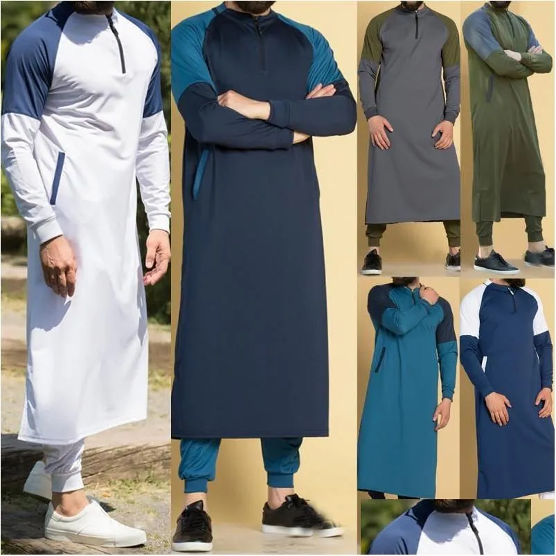 Erkek Tişörtler Erkekler Müslüman önlükleri Jubba Thobe Arap İslami Giyim Orta Doğu Arap Abaya Dubai Uzun Cüppeler Geleneksel Kaftan Ceket D DHXTV