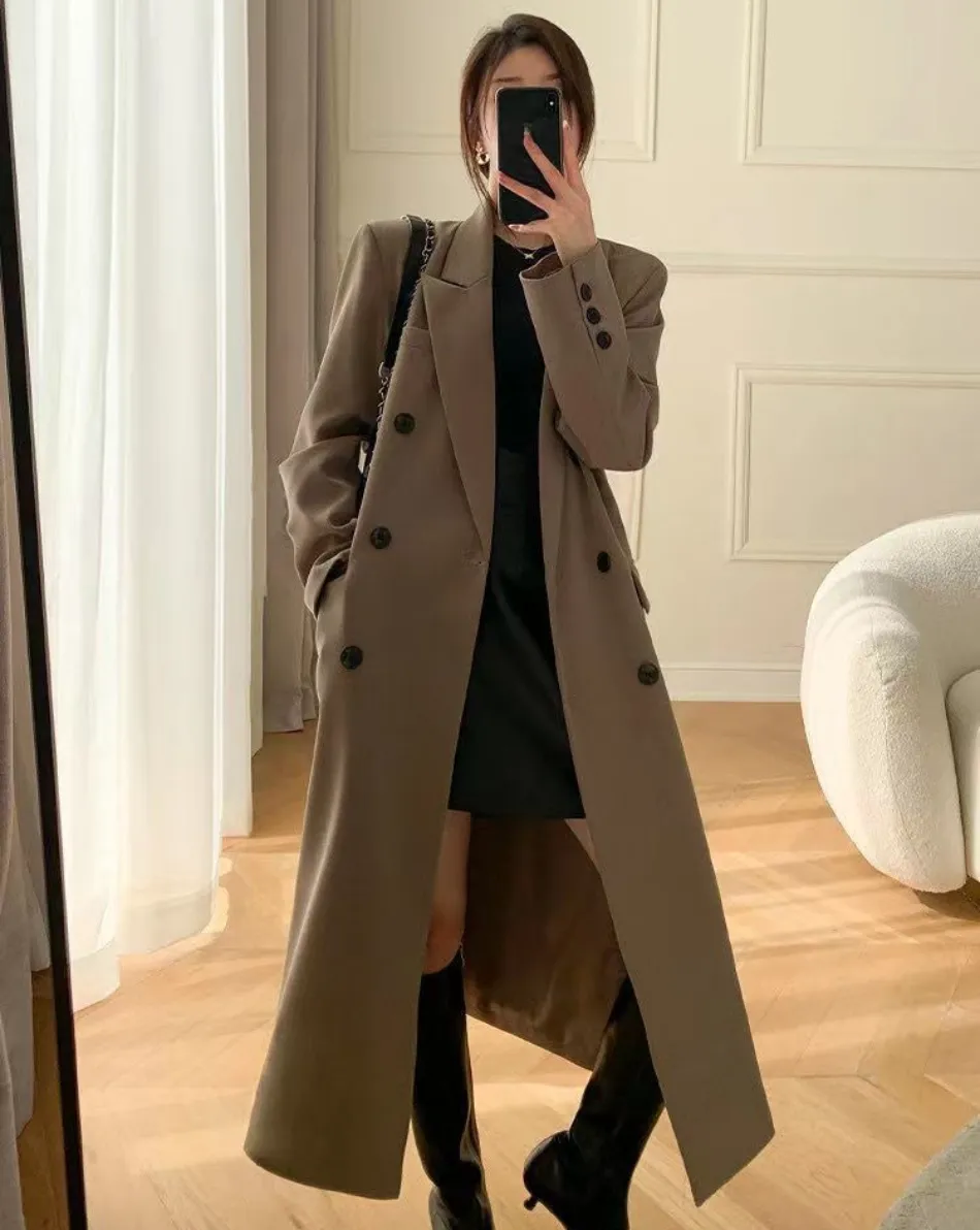 Trench Coat For Women Double Breasted Long Solid Color Suit Collar